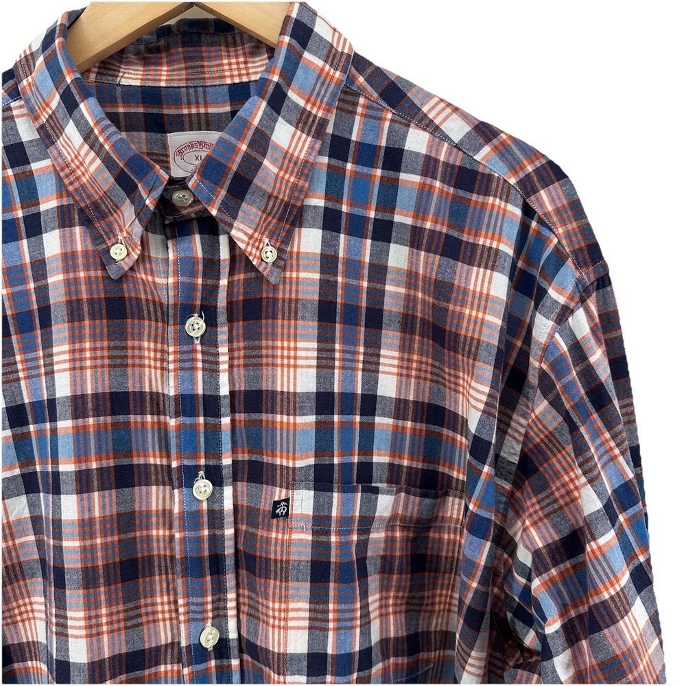 Brooks Bros 346 Men's XL Shirt Blue Orange Plaid Cotton Long Sleeve Button Down‎
